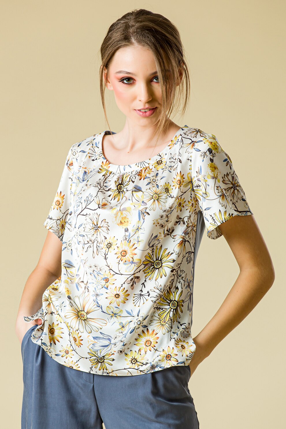 Sense, Bluza cu decolteu rotund si imprimeu floral, Albastru/Galben/Alb