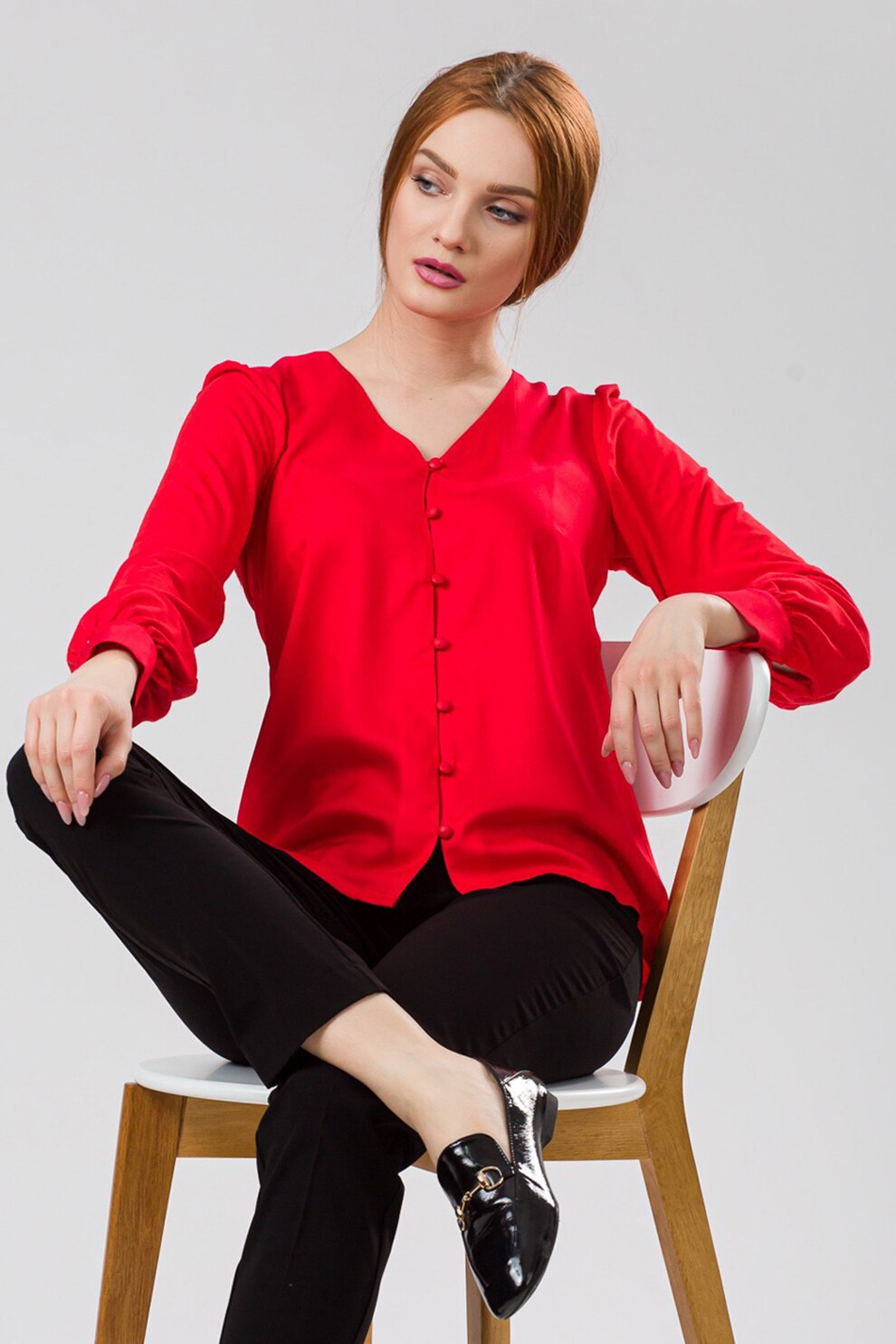 Sense, Bluza cu decolteu in V si nasturi, Rosu vermilion, 3XL