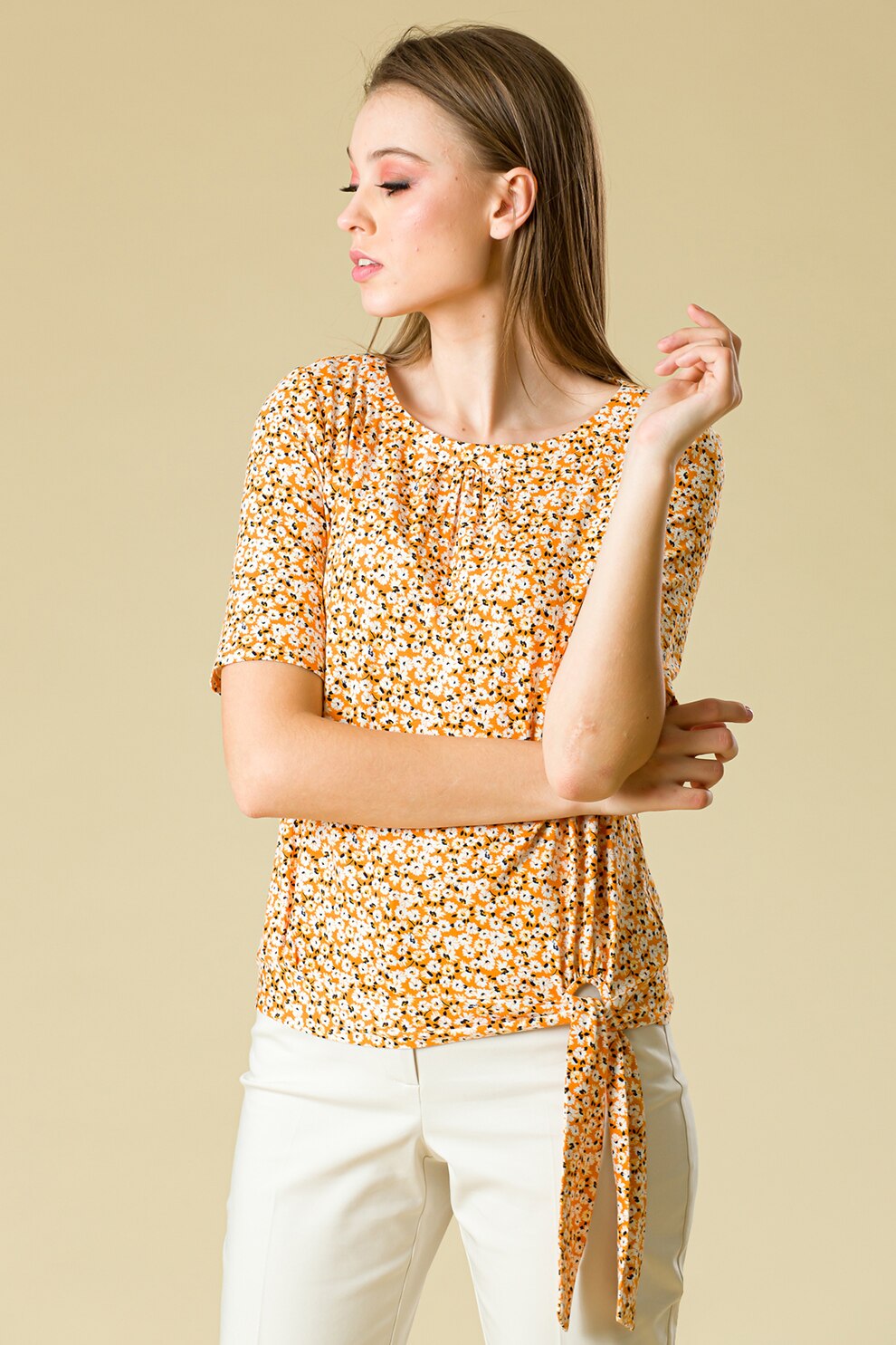 Sense, Bluza cu imprimeu floral si detaliu innodat, Oranj/Bleumarin/Alb