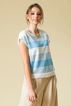 Sense, Bluza tricotata fin cu maneci scurte, Albastru/Alb, S Sense, Bluza tricotata fin cu maneci scurte, Albastru/Alb, S