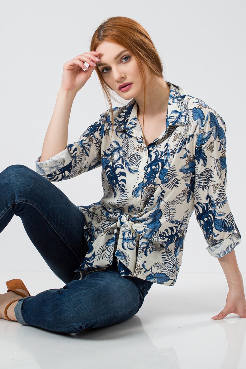 Sense, Camasa cu model tropical Jungle, Albastru/Alb