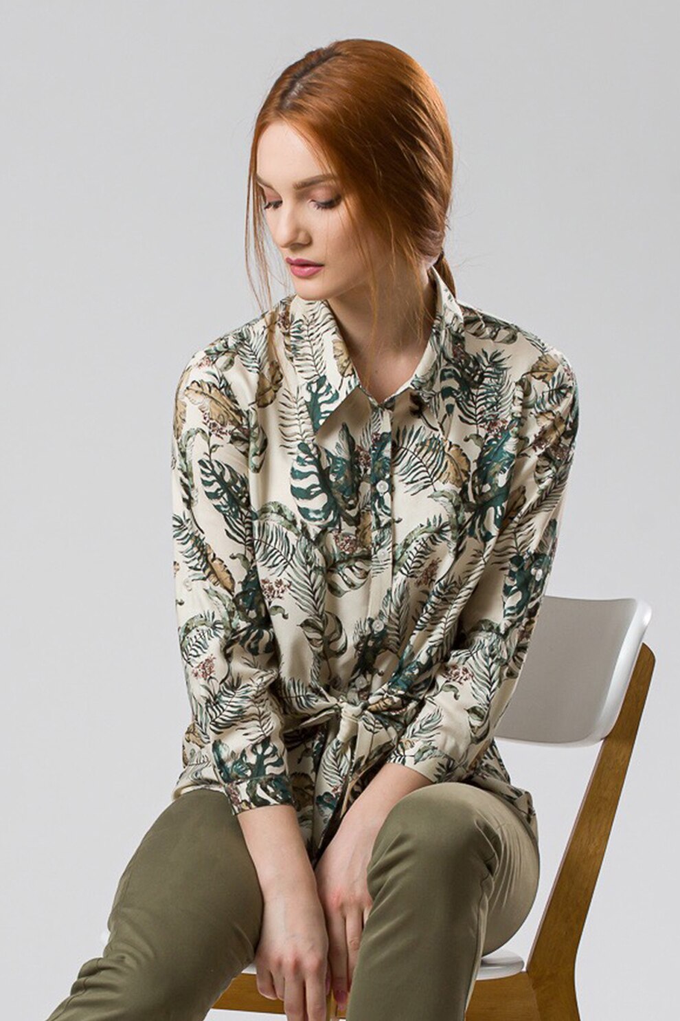 Sense, Camasa cu model tropical Jungle, Verde/Alb