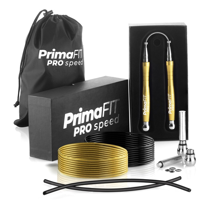 Въже за Скачане PrimaFIT Pro Speed, Професионално, 3м Регулируемо, Бързо с 2 Лагера, Допълнително Въже и Тежести, 2 Протектора, Алуминиеви Дръжки, Чантичка за Носене, Кросфит, Бокс, ММА, Златист