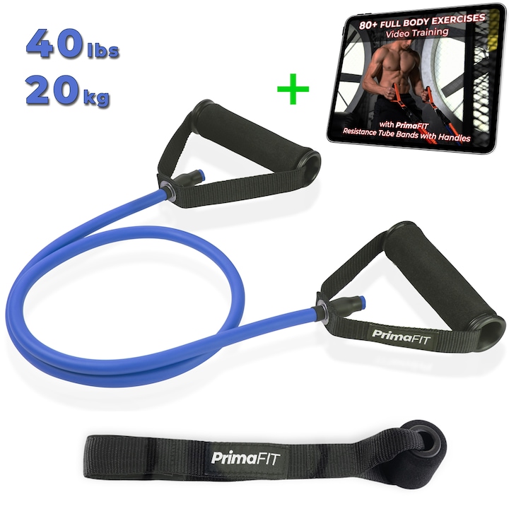 Fitnesz Gumikötél Fogantyúkkal És Nyaki Kiegészítőkkel Ellátott Rugalmas Szalag, 80 Gyakorlat Online Videó, PrimaFIT Gyakorló Rugalmas Ellenállás Szalagok, Kék - 20kg