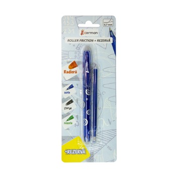 Roller cu gel friction cu radiera si rezerva Okerman, albastru Roller cu gel friction cu radiera si rezerva Okerman, albastru