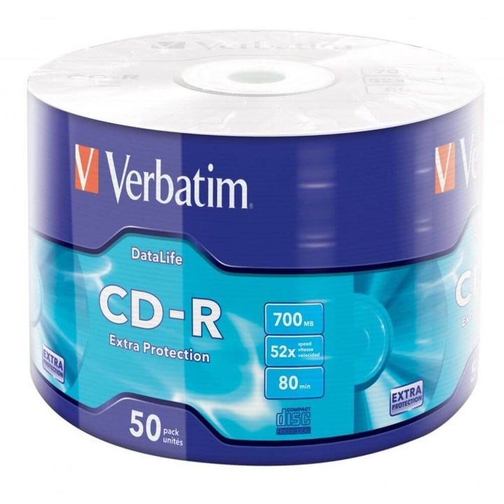 Writeable Cds Комплект от 50 Verbatim Writable CD-R, Капацитет 700 Mb, Скорост 52x ...