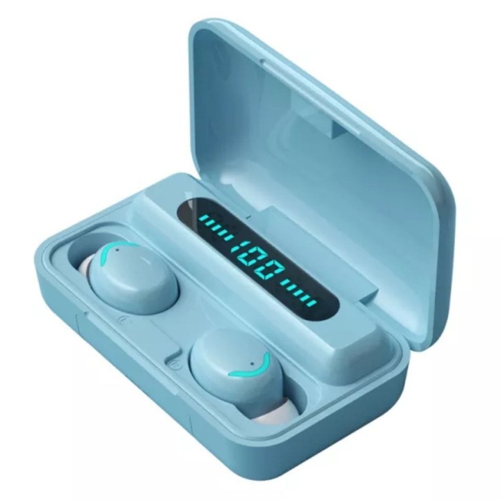 Безжични слушалки Planet Tech, F9-5C, Bluetooth 5.0, TWS, Стерео, IPX7, Цифров дисплей, Водоустойчиви, Син