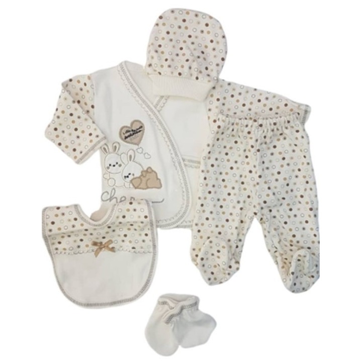 Compleu copii,5 piese,Model 2 iepurasi,alb bej,0-3 luni