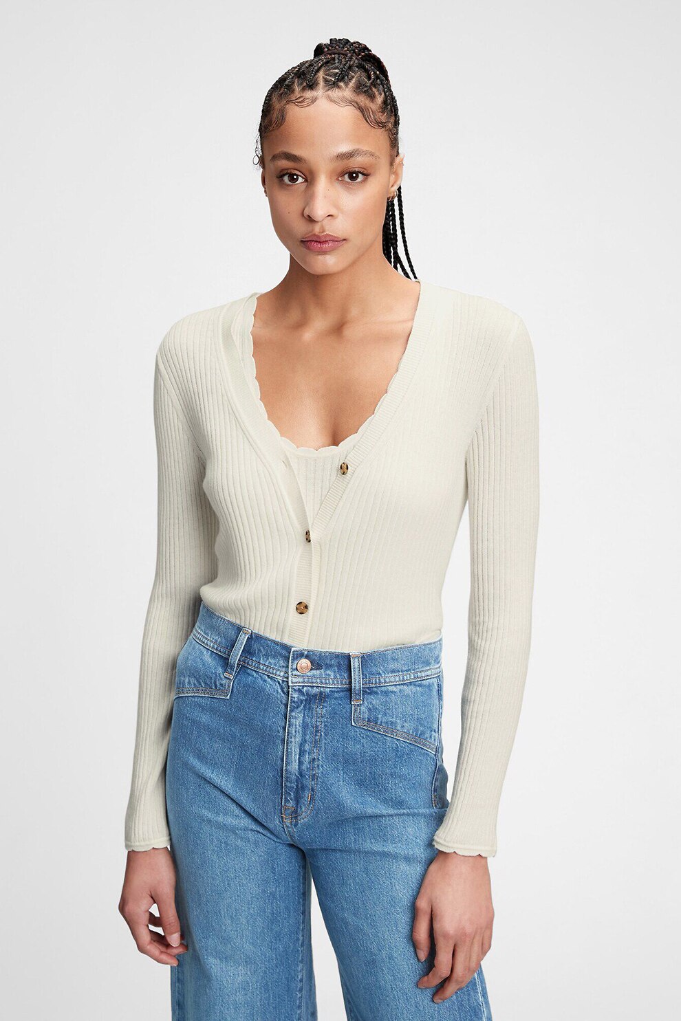 GAP, Cardigan striat din amestec de modal, Alb prafuit