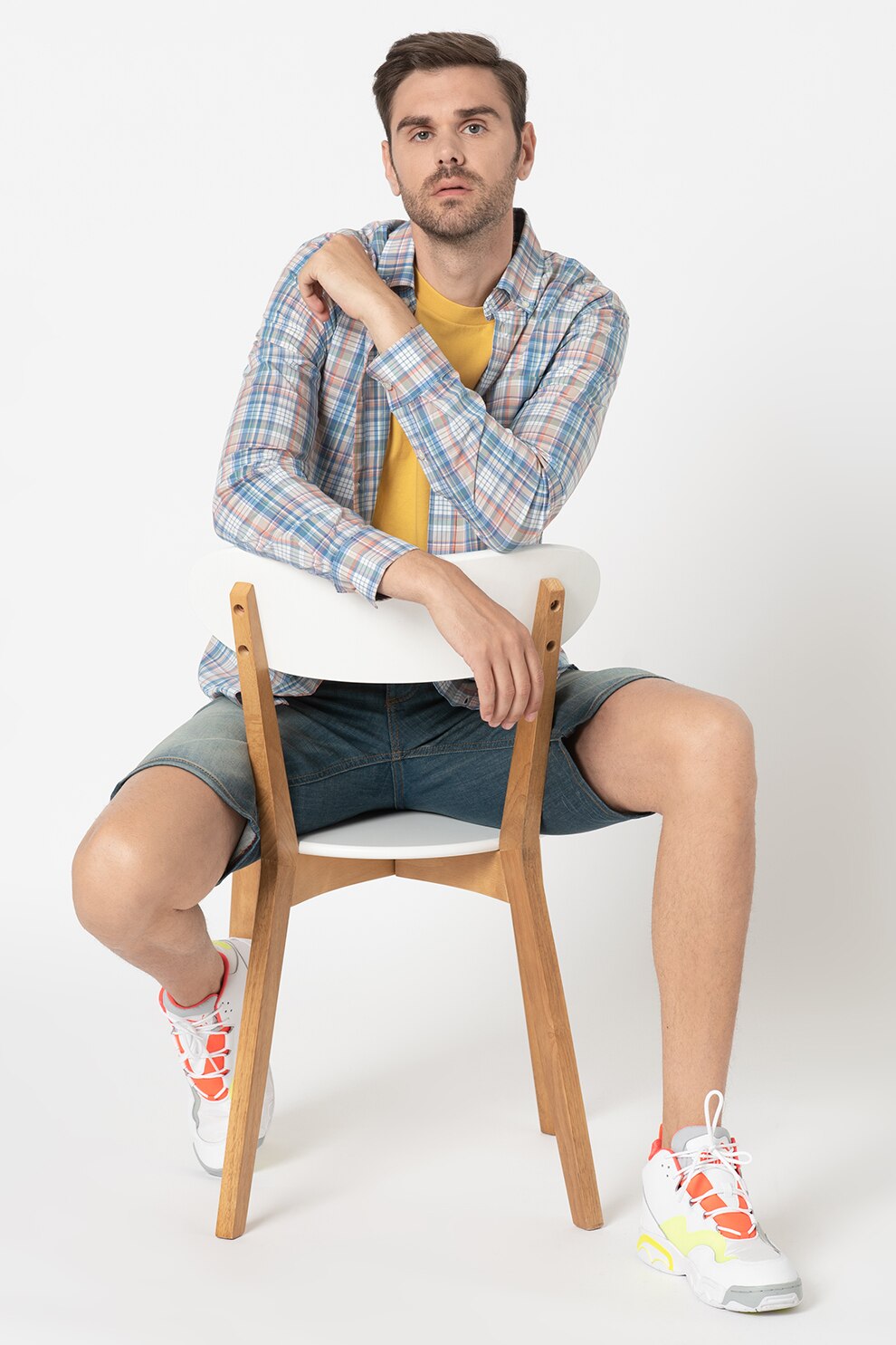 GAP, Camasa slim fit cu buzunar pe piept si imprimeu, Albastru/Verde/Oranj