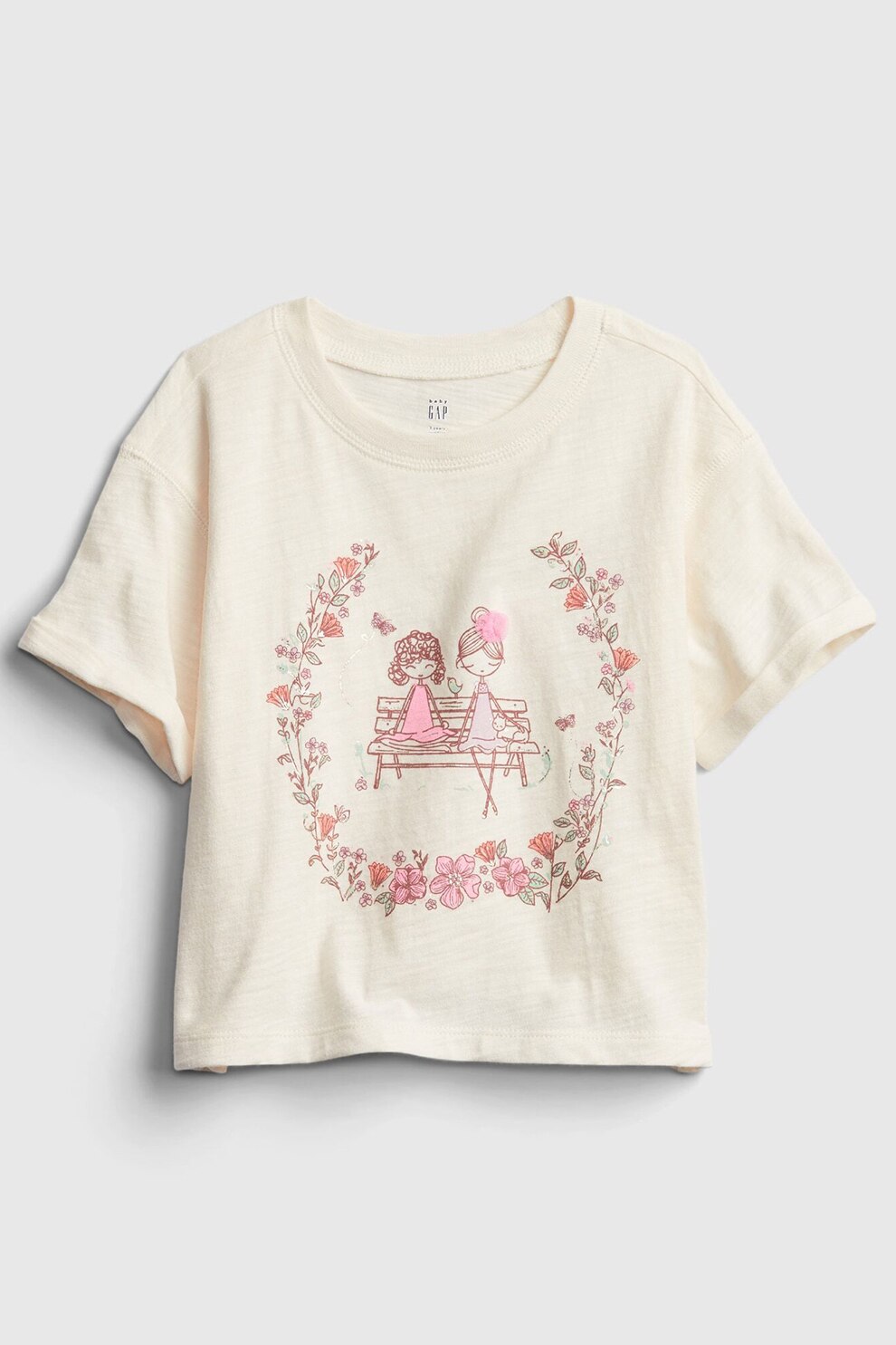 GAP, Tricou cu imprimeu floral si grafic, Maro nisip