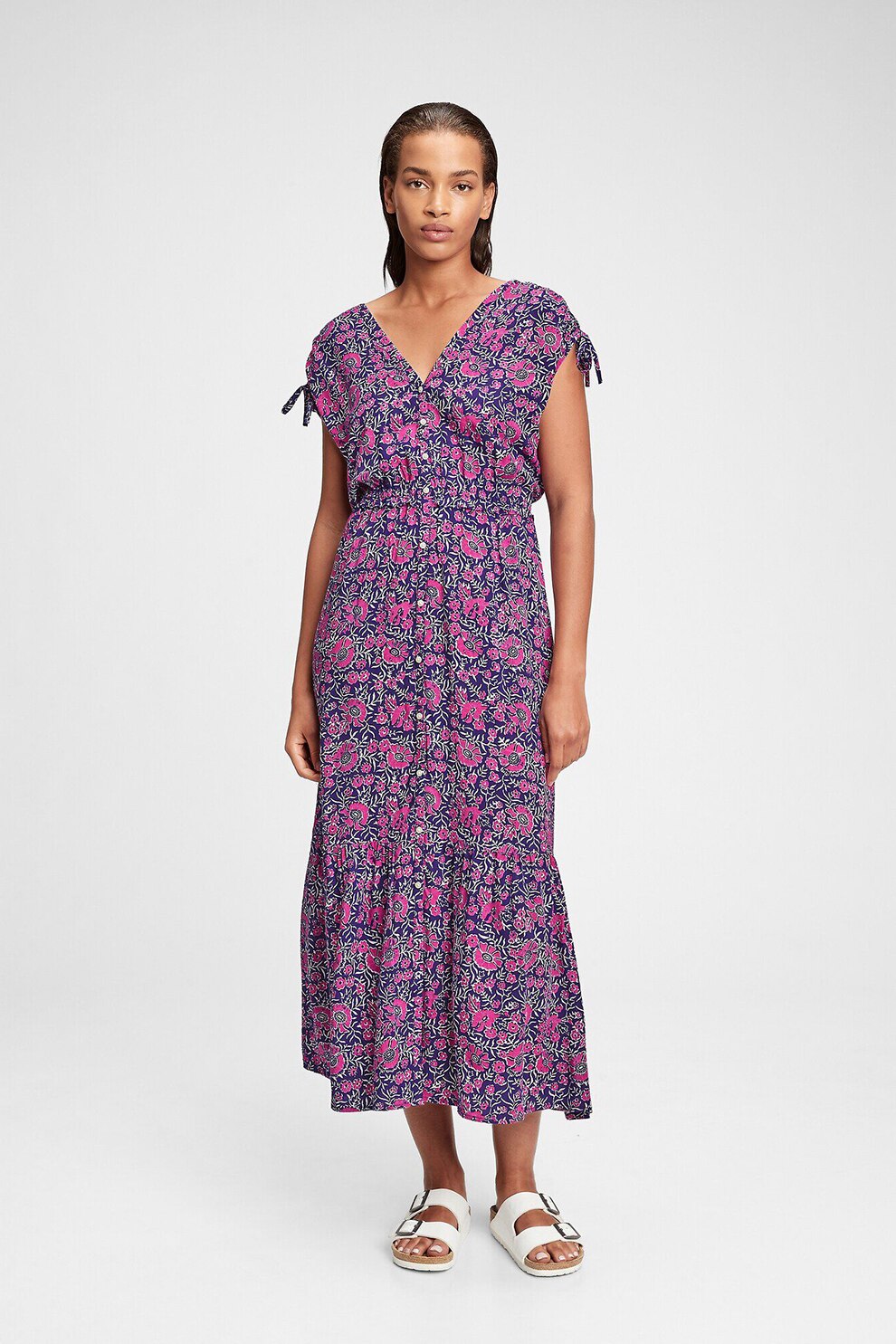 GAP, Rochie cu decolteu in V si nasturi, Bleumarin/Roz