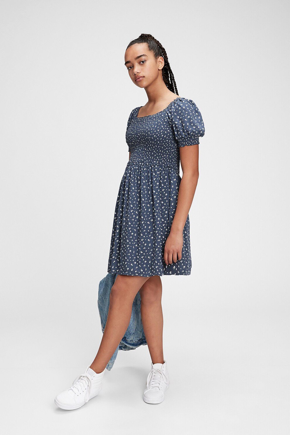 GAP, Rochie mini evazata cu model floral, Albastru inchis, 130 CM