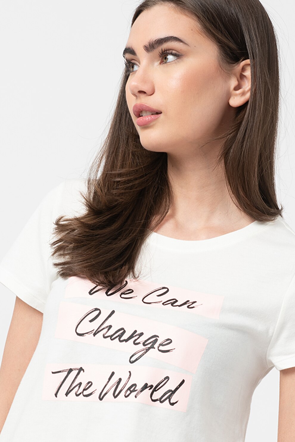 GAP, Tricou cu imprimeu si decolteu rotund, Alb/Roz/Negru