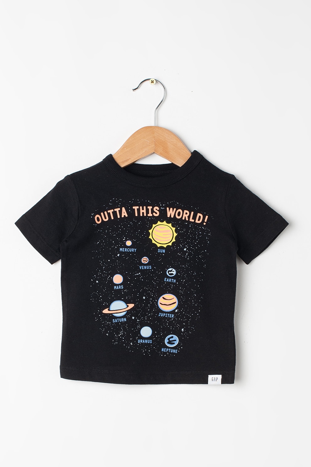 GAP, Tricou cu decolteu la baza gatului si imprimeu, Negru