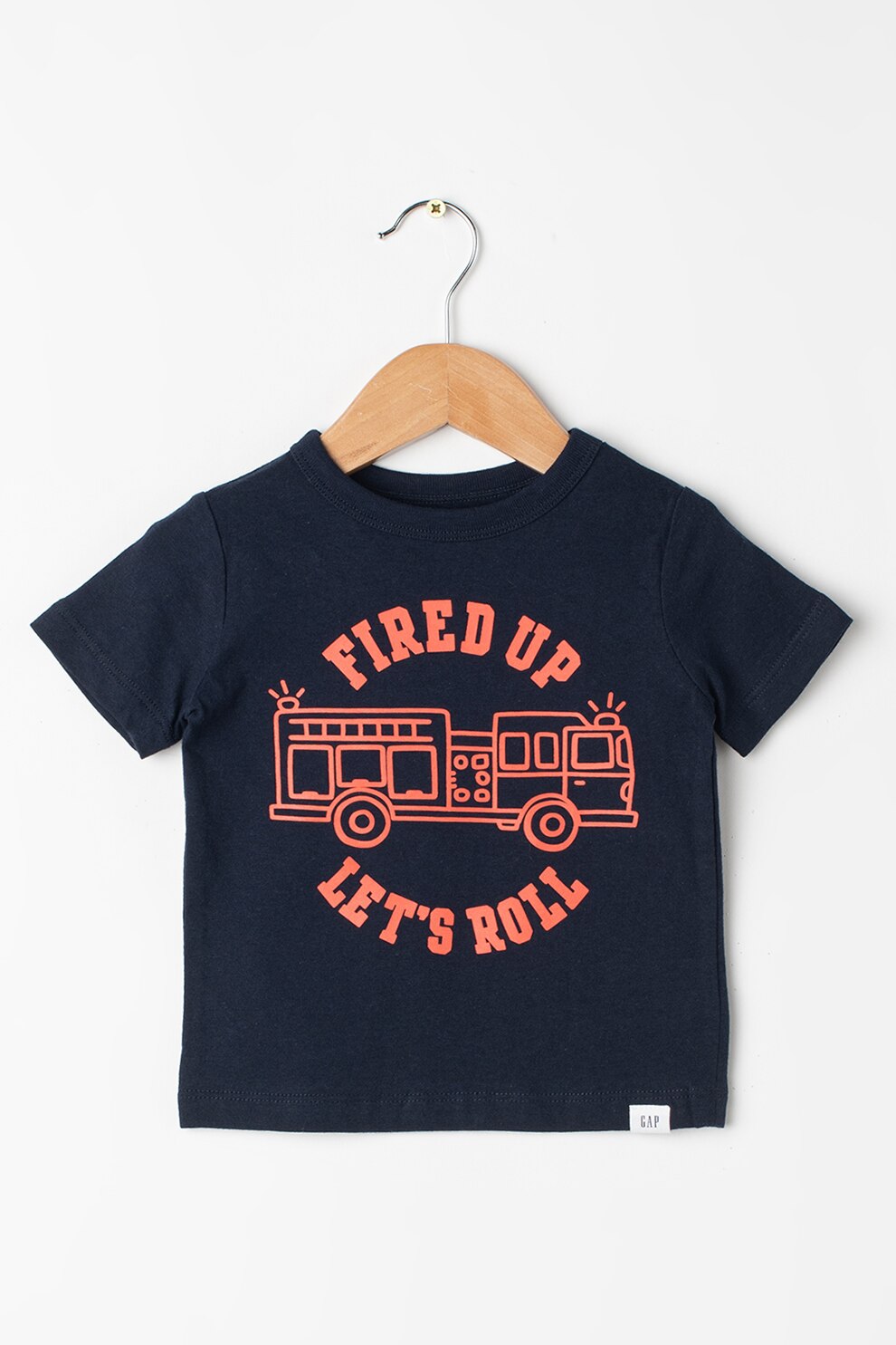 GAP, Tricou cu decolteu la baza gatului si imprimeu, Negru/Bleumarin