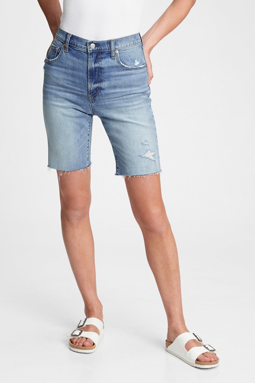 GAP, Pantaloni scurti din denim cu detalii deteriorate, Albastru deschis