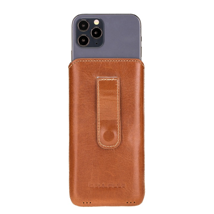 Husa pentru iPhone 16 Pro, iPhone 16, Bouletta Multi Case, tip saculet piele naturala, inchidere ferma, culoare Maro burnished tan
