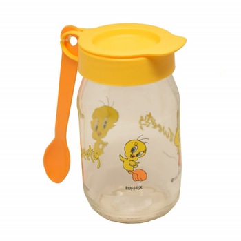 Borcan cu lingurita si capac Tweety pentru depozitare, servirea mesei la copii, 13 cm Borcan cu lingurita si capac Tweety pentru depozitare, servirea mesei la copii, 13 cm