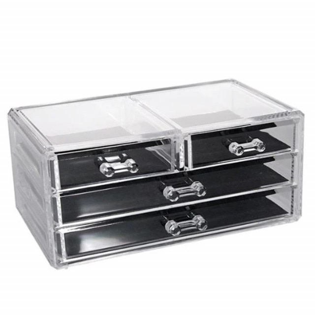Cutie cu sertare Pufo pentru organizare bijuterii, accesorii si cosmetice, 23 x 12 cm, transparent