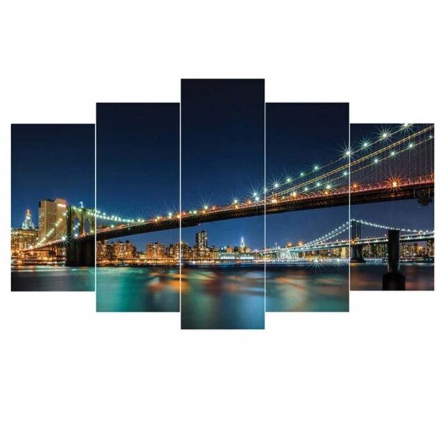 Tablou decorativ canvas cu peisaj nocturn, model Pufo Brooklyn, 5 piese, 100 x 60 cm