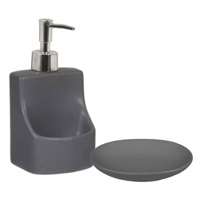 Set dispenser ceramic pentru sapun lichid cu suport burete si savoniera, 2 piese, gri