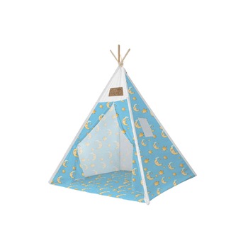 Set cort pentru copii, Teepee Montessori 165x120x120, model in stil indian, imprimeu cu stelute, in nuante de bleu Set cort pentru copii, Teepee Montessori 165x120x120, model in stil indian, imprimeu cu stelute, in nuante de bleu