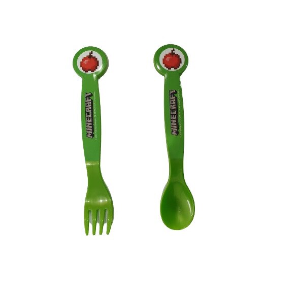 Set tacamuri, Minecraft Creeper, 2 piese, Lingurita si Furculita, plastic, Verde