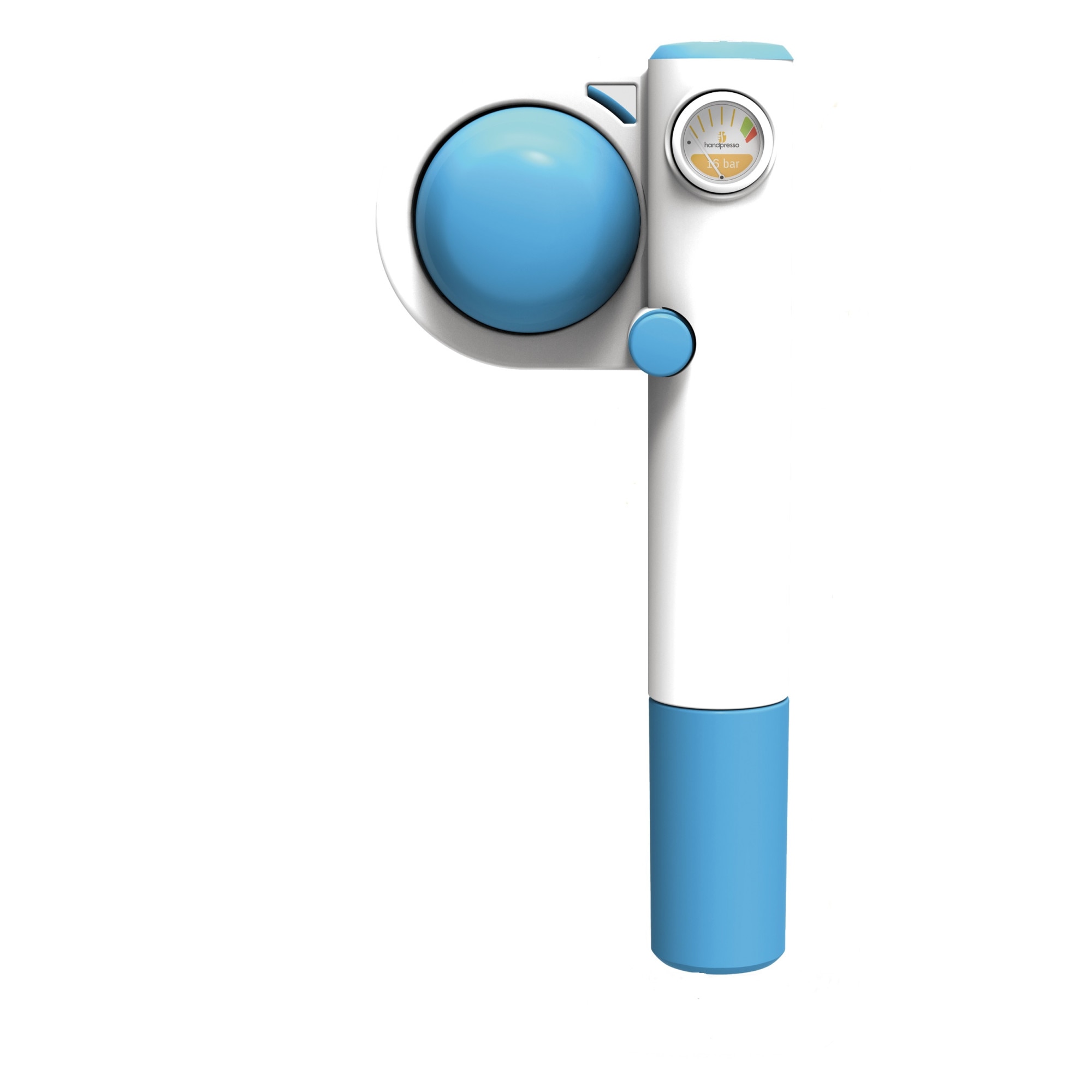 Espressor portabil manual Handpresso Pump Pop, 16bar, 22 x 10 x 7 cm, manometru incorporat, alb/albastru
