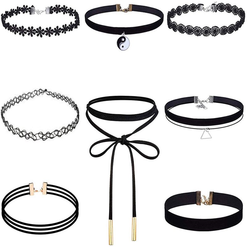 Set 8 colier choker elegant, ASKSA, stiluri multiple, negru