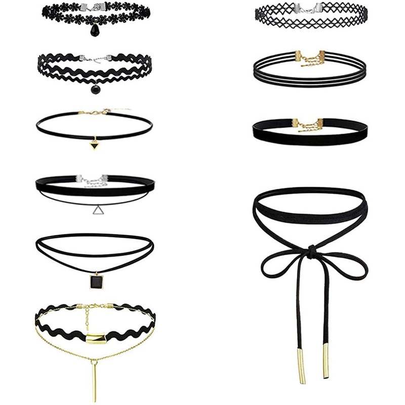 Set 10 colier choker elegant, ASKSA, stiluri multiple, negru