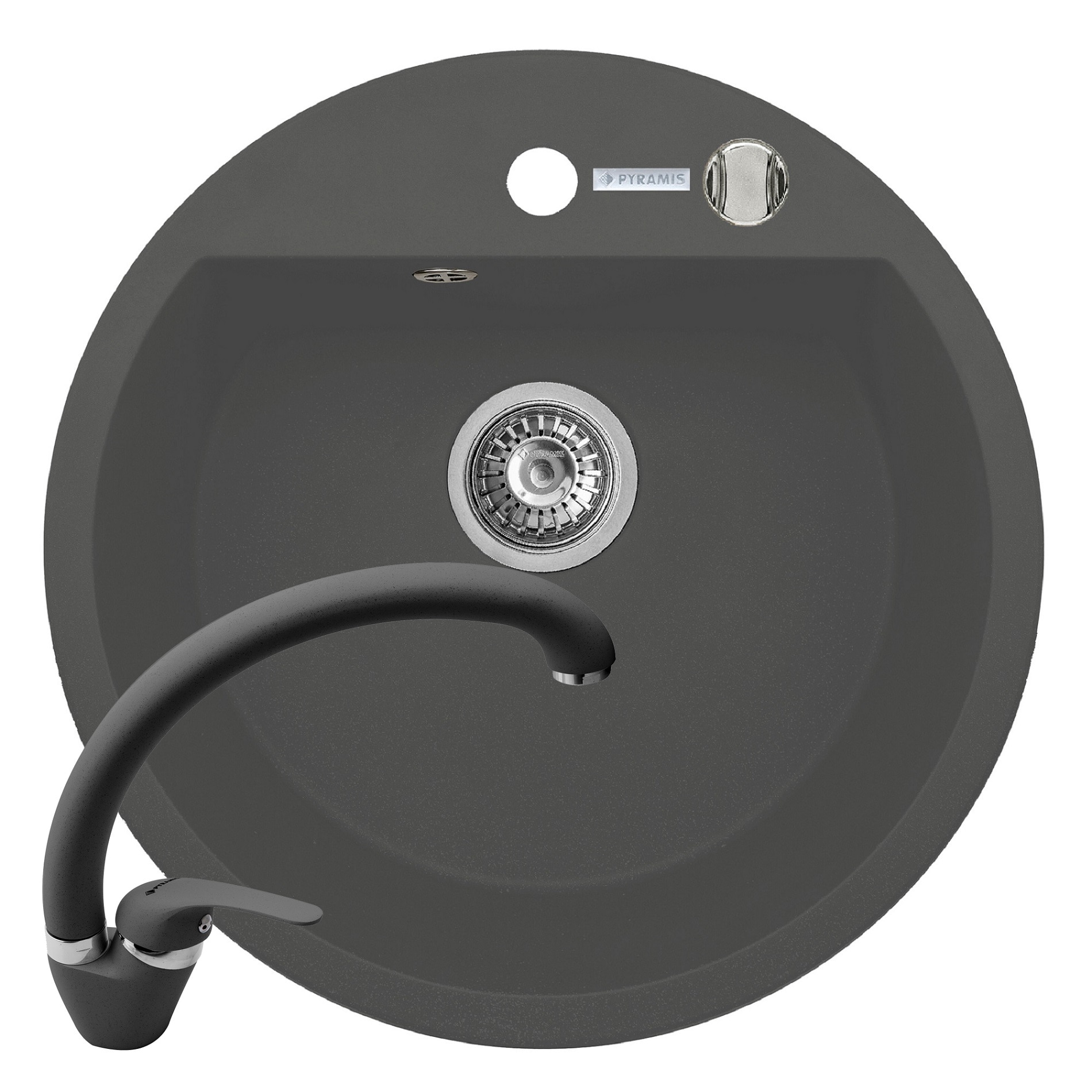 Pachet chiuveta si baterie Pyramis MIDO, diametru 510mm, adancime 190mm, pipa inalta, finisaj Pyragranite gri