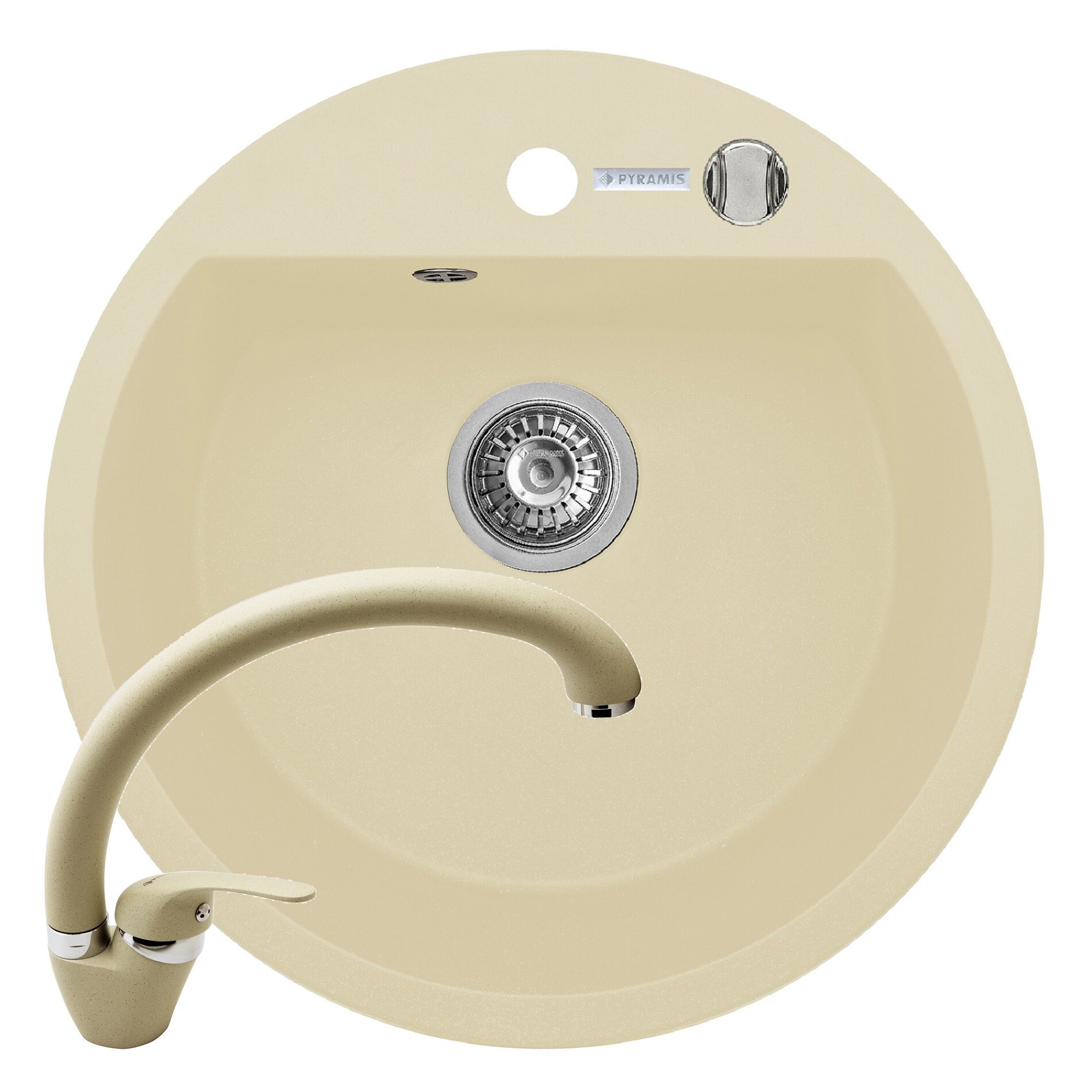 Pachet chiuveta si baterie Pyramis MIDO, diametru 510mm, adancime 190mm, pipa inalta, finisaj Pyragranite vanilla