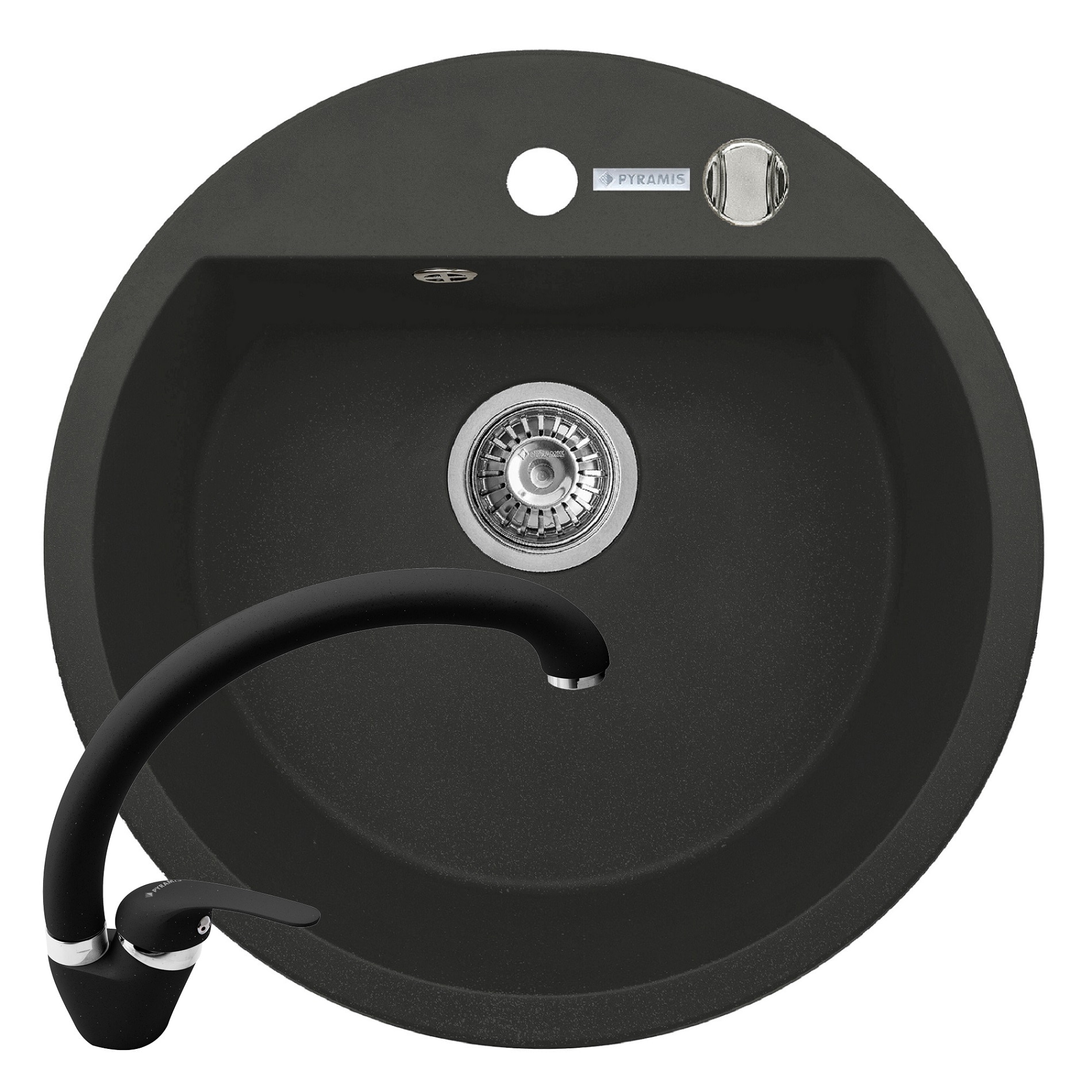 Pachet chiuveta si baterie Pyramis MIDO, diametru 510mm, adancime 190mm, pipa inalta, finisaj Pyragranite carbon