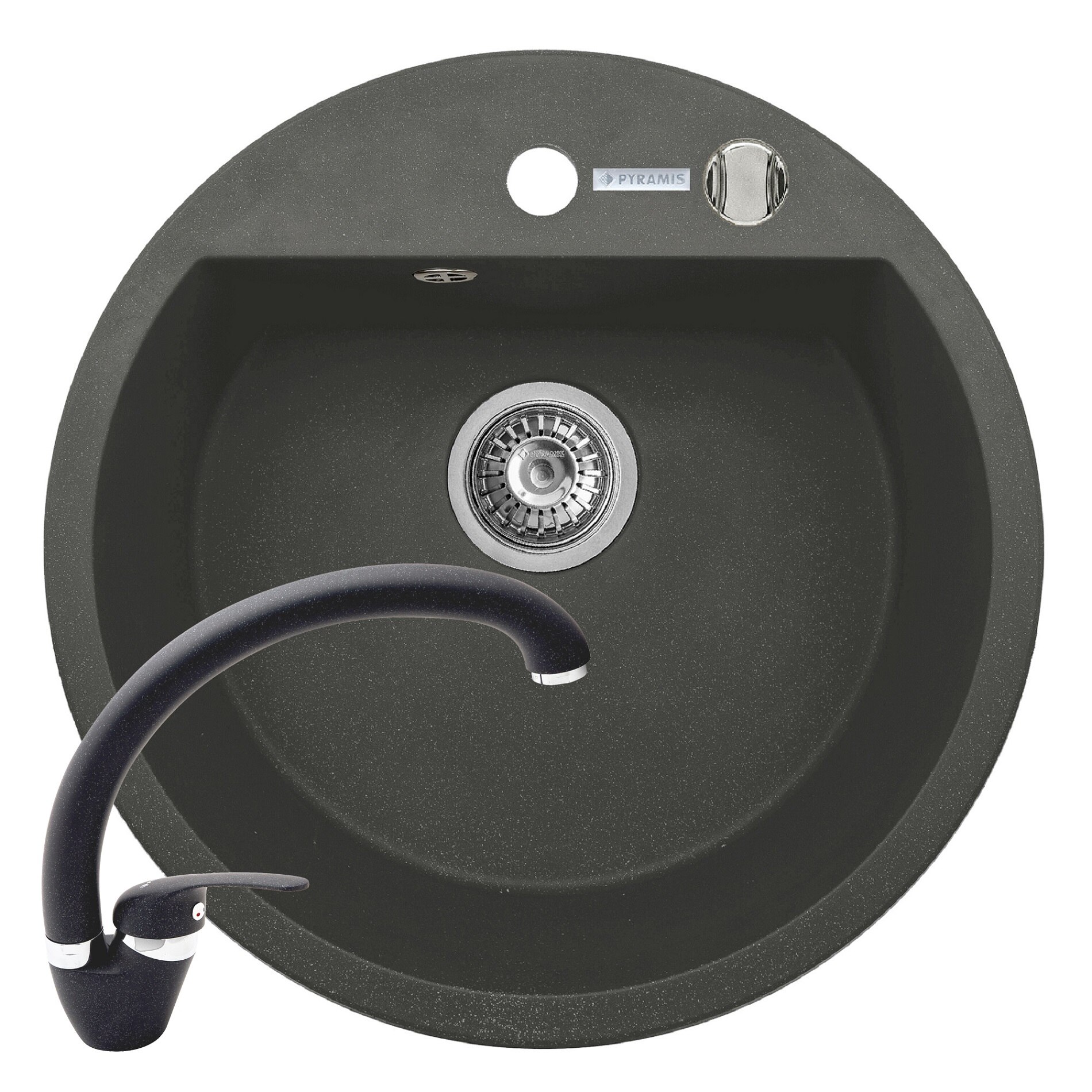 Pachet chiuveta si baterie Pyramis MIDO, diametru 510mm, adancime 190mm, pipa inalta, finisaj Pyragranite negru