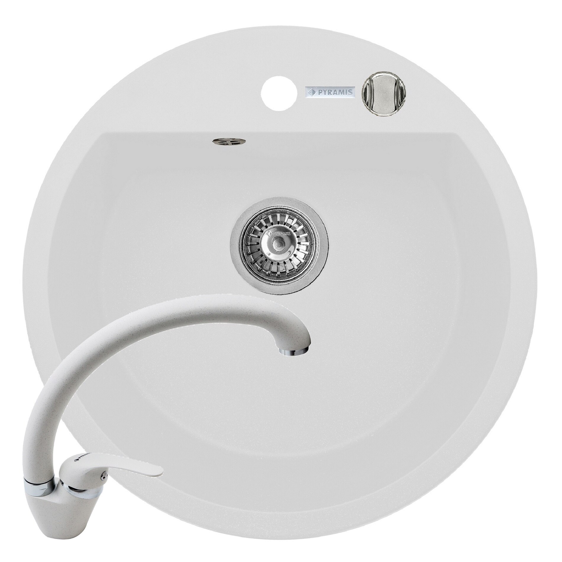 Pachet chiuveta si baterie Pyramis MIDO, diametru 510mm, adancime 190mm, pipa inalta, finisaj Pyragranite alb
