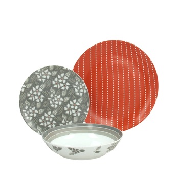 Set vesela 18 piese, Chat, portelan, rosu/gri Set vesela 18 piese, Chat, portelan, rosu/gri