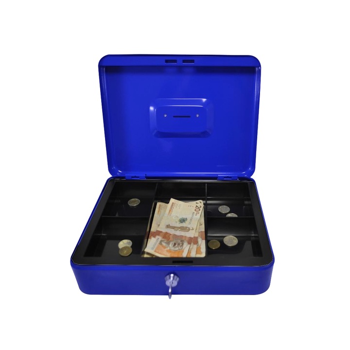 Caseta Bani Bigshot pentru Monede si Bancnote KCB-608, Tavita Detasabila, 300 x 240 x 90 mm, Albastra