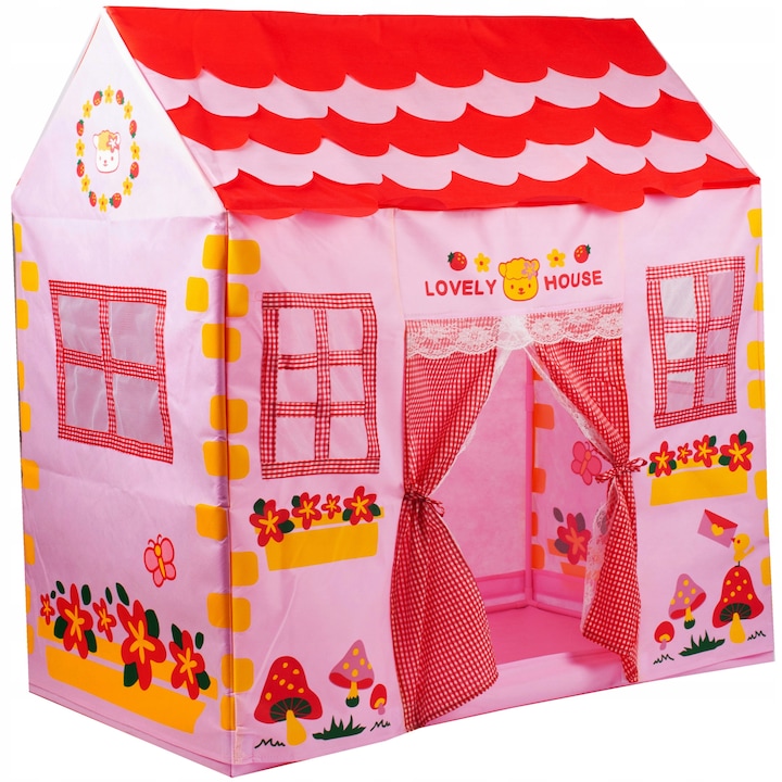Est, KinderVibe játszósátor, mese ház, ablakokkal, vidám mintával, beltérre vagy kültérre, 109 cm magas, rózsaszín