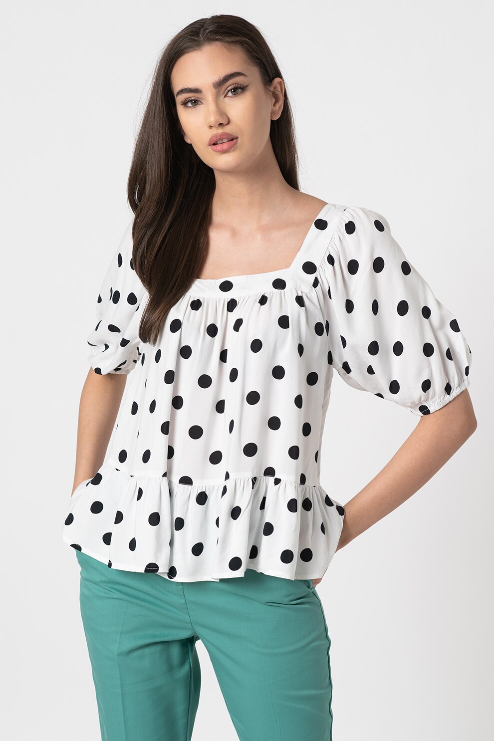 Sisters Point, Bluza cu decolteu patrat si imprimeu cu buline Isma, Alb/Negru