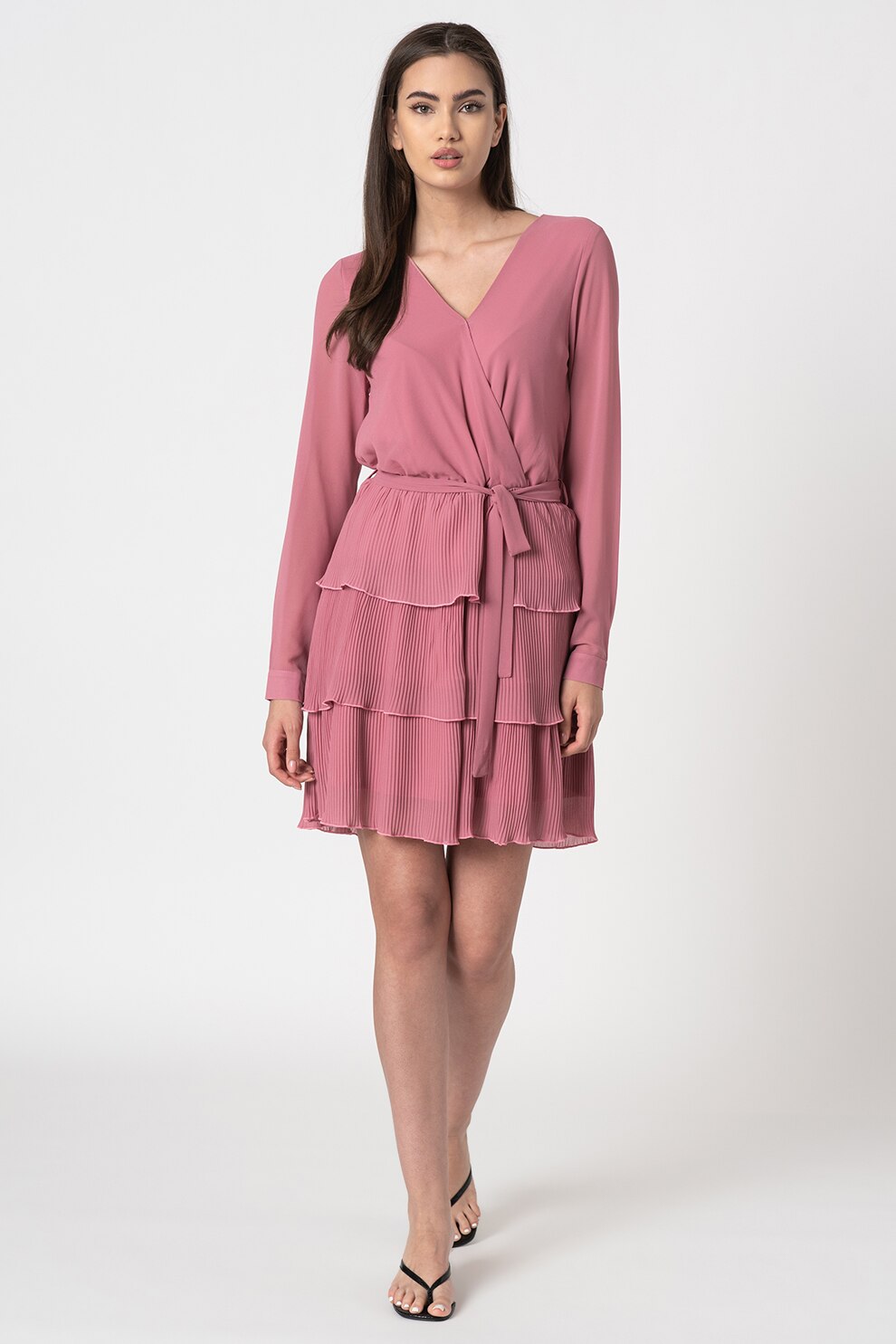 Sisters Point, Rochie cu decolteu in V si model stratificat Nekko, Roz prafuit, XS