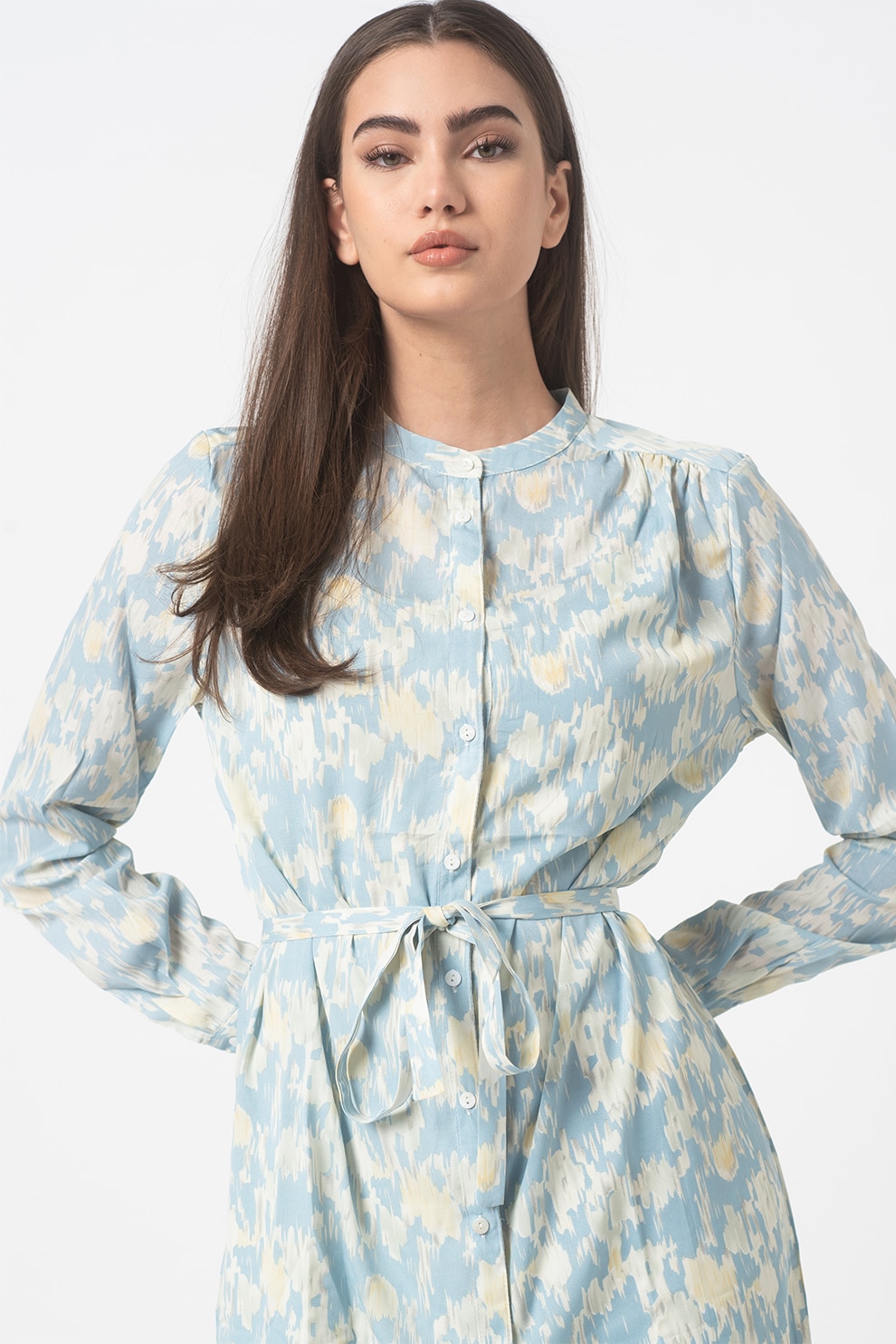 Sisters Point, Rochie cu maneci lungi si guler Mao Valsi, Albastru deschis