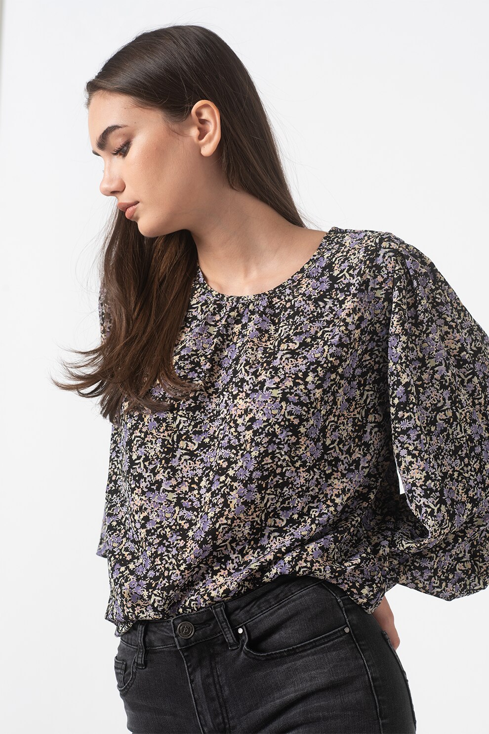 Sisters Point, Bluza cu model floral abstract Visra, Negru/Lila, XS