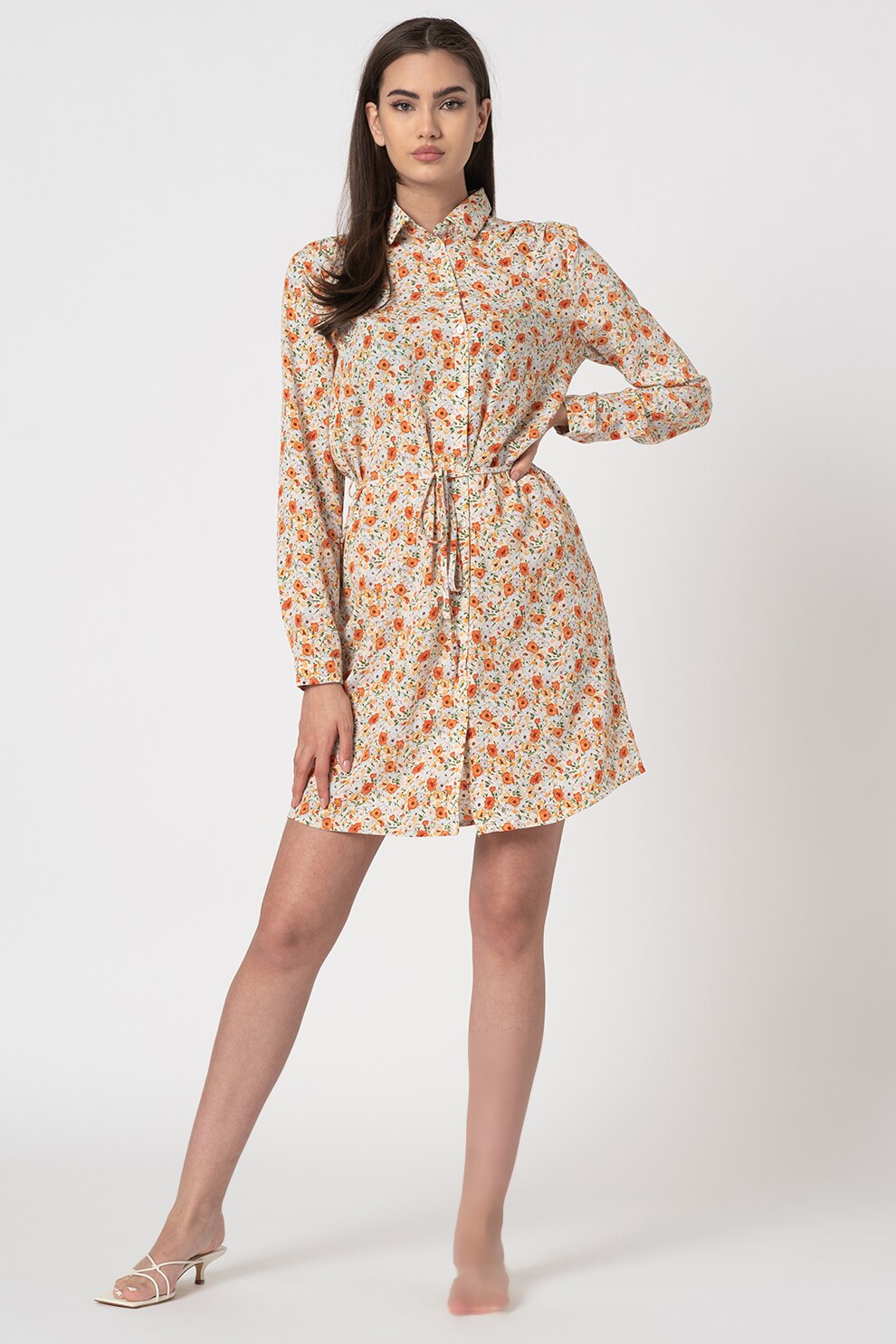 Sisters Point, Rochie tip camasa cu imprimeu floral Erika, Oranj stins/Crem