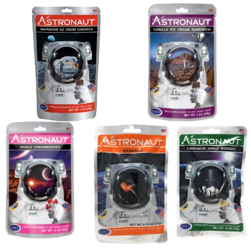 Set 5 pachete cu mancare pentru astronauti, Astronaut, Fructe uscate si inghetata sandwich
