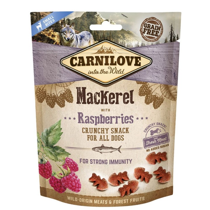 CARNILOVE Crunchy Snack, Macrou cu Zmeura, recompense functionale fara cereale caini, imunitate, 200g