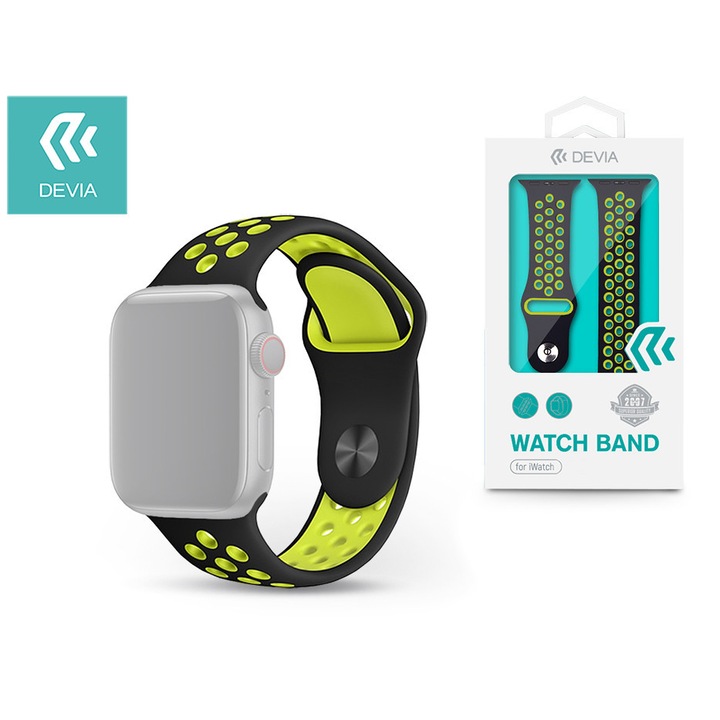 Sport2 okosóra szíj, Devia, Szilikon, Kompatibilis Apple Watch 42/44/45mm, Fekete/Sárga