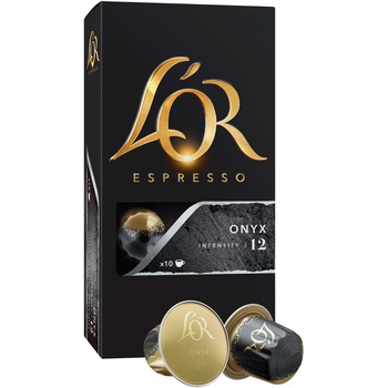 Capsule cafea L'OR Espresso Onyx, intensitate 12, 10 bauturi x 40ml, compatibile cu sistemul Nespresso®, 10 capsule aluminiu Capsule cafea L'OR Espresso Onyx, intensitate 12, 10 bauturi x 40ml, compatibile cu sistemul Nespresso®, 10 capsule aluminiu