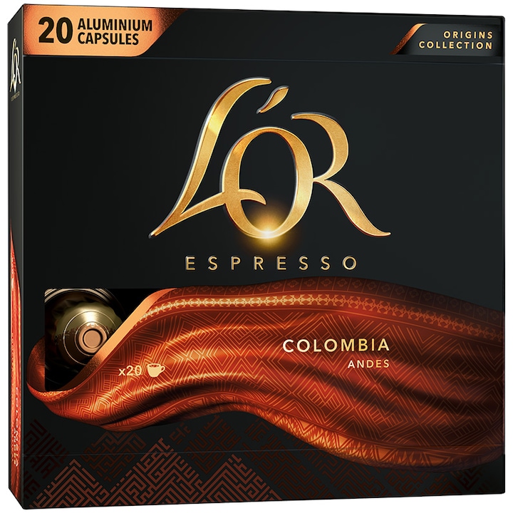 Capsule cafea L'OR Espresso Columbia, intensitate 8, 20 bauturi x 40 ml, compatibile cu sistemul Nespresso®, 20 capsule aluminiu
