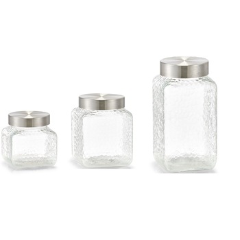 Set 3 recipiente depozitare alimente Zeller, sticla/metal, transparent/argintiu Set 3 recipiente depozitare alimente Zeller, sticla/metal, transparent/argintiu